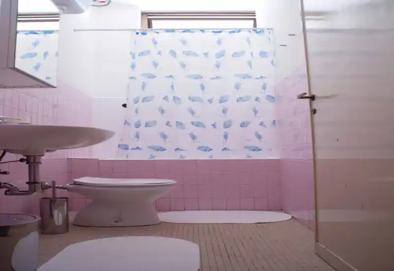 Bagno pulito in stile retrò con piastrelle rosa fino a metà parete, lavabo e wc bianchi e una doccia con tenda a fantasia. Luce naturale brillante dalla finestra sopra la vasca.