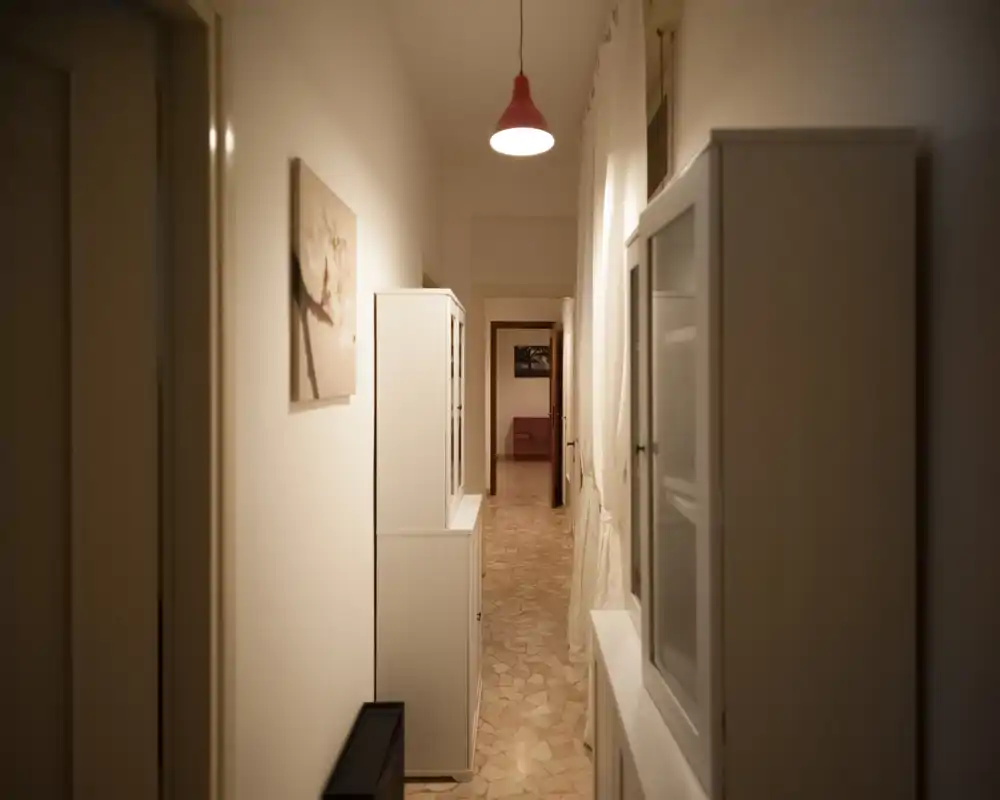 Narrow, well-lit hallway with white cabinetry and warm pendant lighting; suitable as an entry corridor photo highlighting storage and circulation.