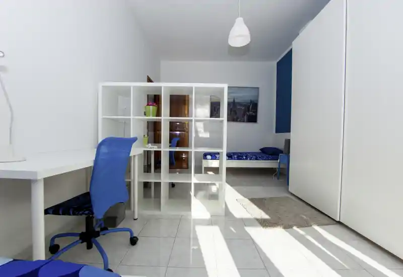 Bright, tidy bedroom with a single bed, built-in wardrobe and a desk separated by open shelving; fresh white walls and blue accents create a modern, airy feel.