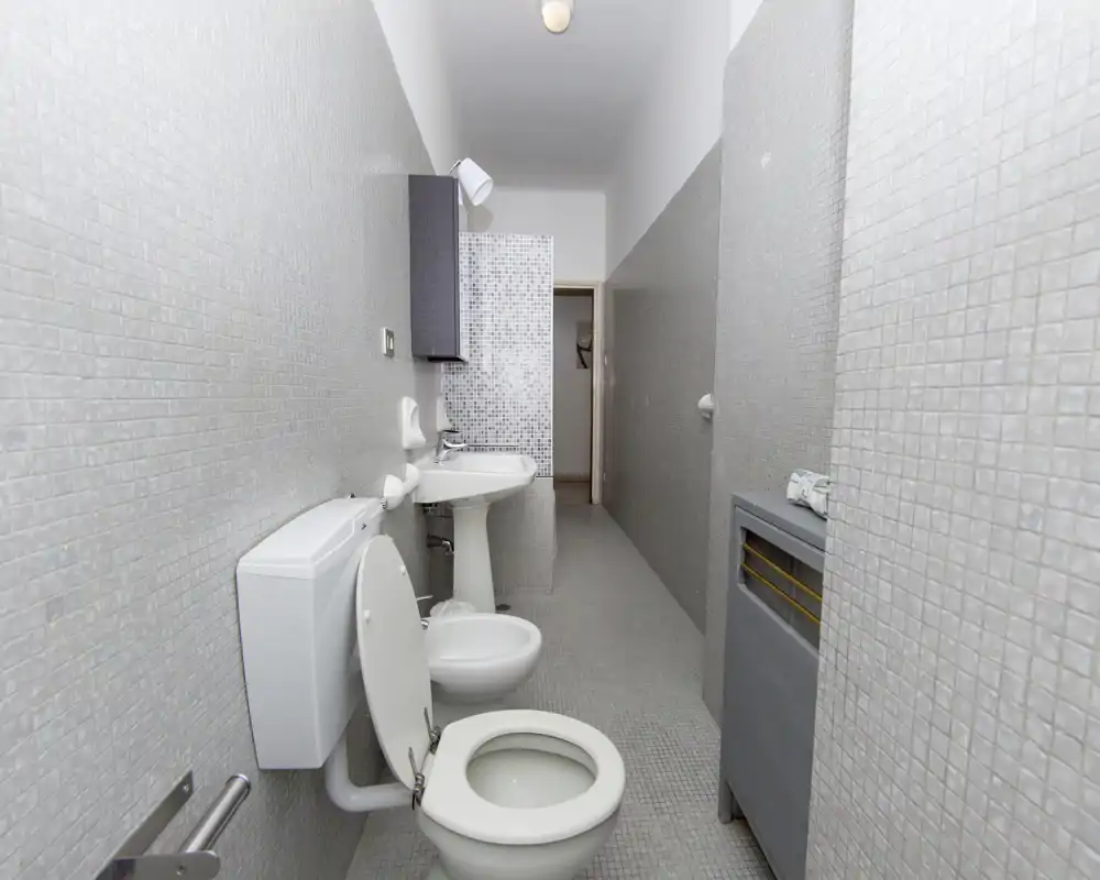Salle de bains longue et étroite avec murs et sol en mosaïque, WC, bidet et lavabo sur colonne ; lumineux, propre et fonctionnel.
