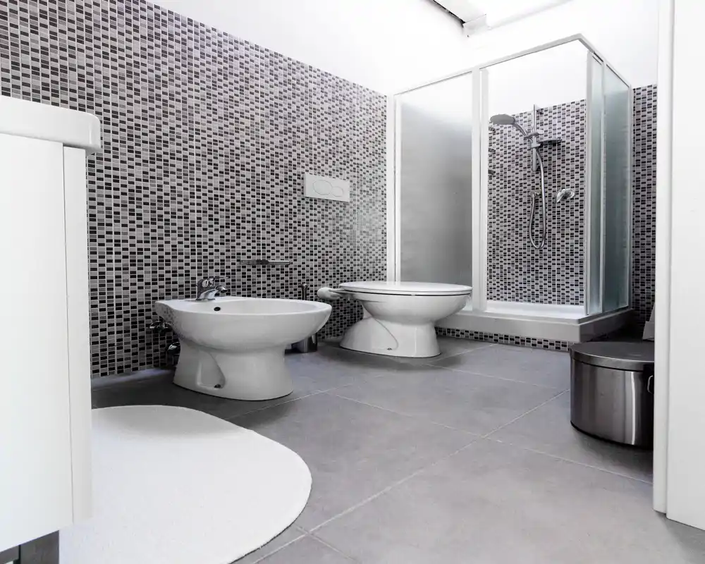 Bagno moderno con box doccia, wc e bidet, parete in mosaico grigio e ampie piastrelle a pavimento. Ambiente luminoso, pulito e dal design minimale, ideale per annunci.