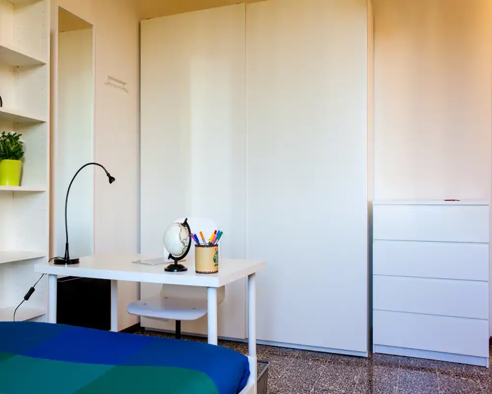 Bright, minimal bedroom with a single bed, white wardrobe and a small desk. The room feels tidy and functional with good natural light — ideal for a student or short-term stay.