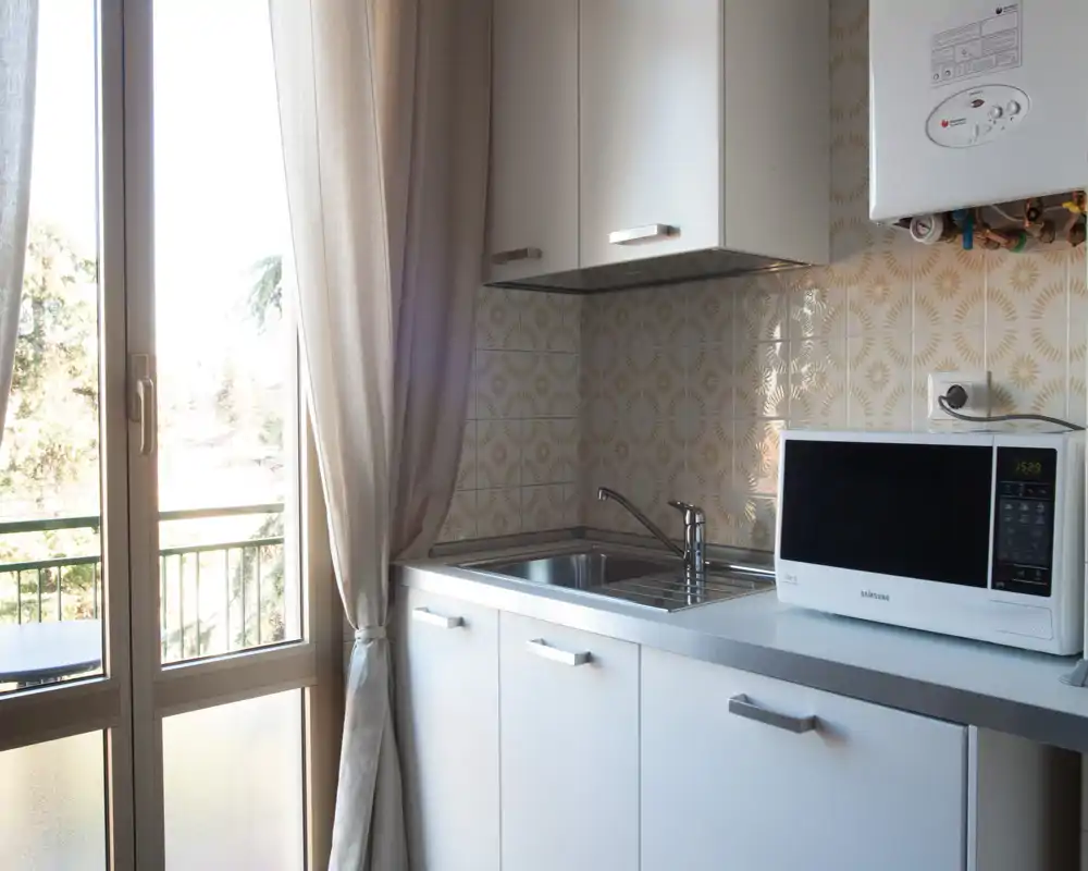 Compact, bright kitchen corner with white cabinets, a stainless sink and a microwave next to a large glass door letting in natural light.