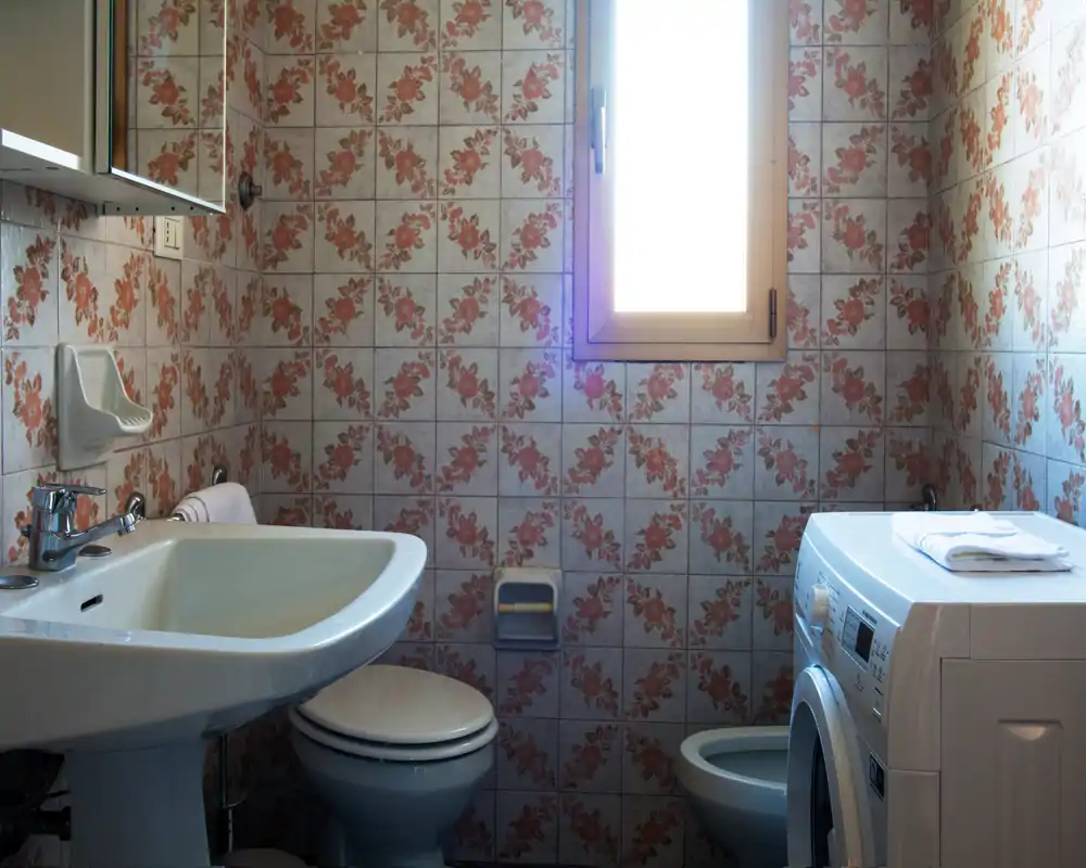 Small bathroom with patterned tiled walls, a sink, toilet, bidet and a washing machine under a bright window.