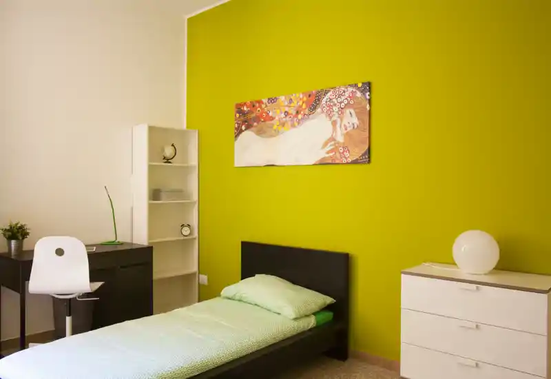 Neat single bedroom with a low black bedframe, green-accented bedding and a bright chartreuse feature wall. The room includes a small desk, shelving unit and a white chest of drawers — well lit and simply styled for a comfortable stay.