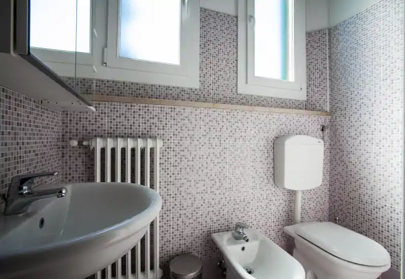 Bright, compact bathroom with mosaic tile walls, a sink, bidet and toilet arranged efficiently beneath frosted windows.