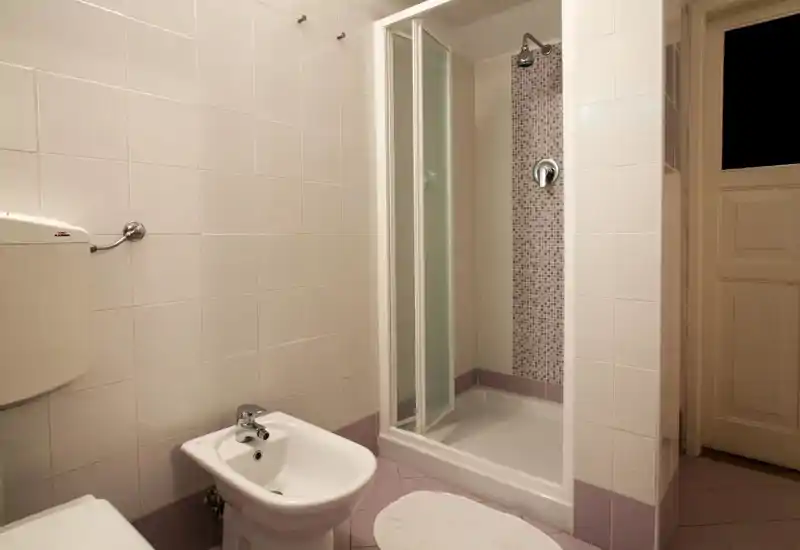 Clean, tiled bathroom with a shower cubicle, bidet and visible toilet cistern; neutral tones and mosaic accent in the shower area.
