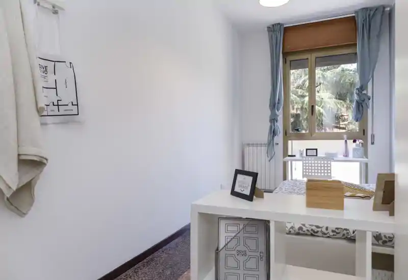 Small, bright bedroom with a single bed by the window, a compact desk and minimal, modern decor — ideal for a student or short stays.