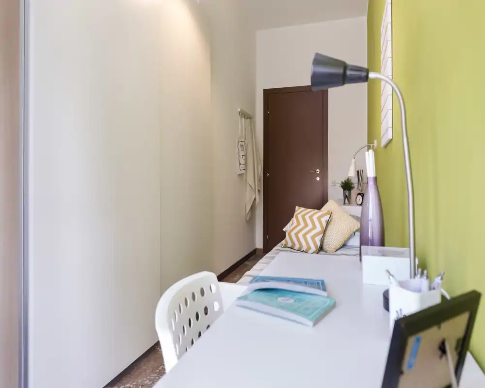 Compact bedroom with a single bed along the wall, a long desk in the foreground and bright, modern decor with patterned cushions and a bedside lamp.