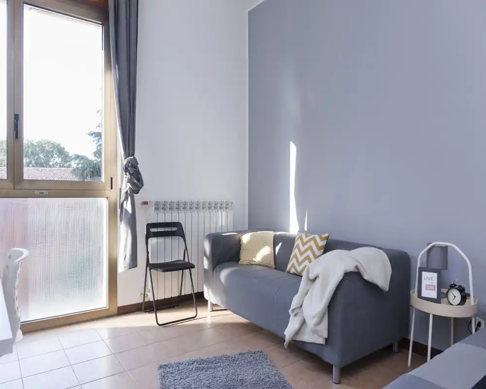 Espace de vie lumineux et soigné avec un canapé gris compact, coussins décoratifs et plaid, près d'une grande fenêtre apportant une belle lumière naturelle.