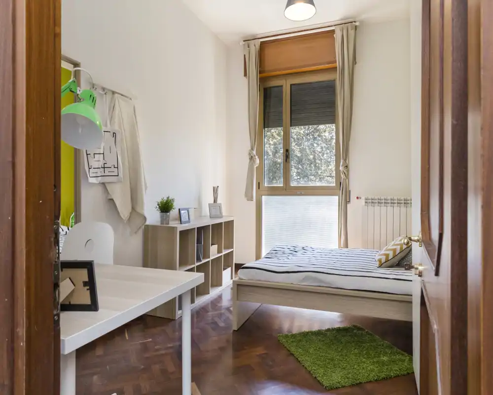 Camera da letto luminosa e ben arredata con letto singolo, cuscino decorativo e tappeto verde; scrivania e scaffalatura ideali per uno studente o occupante singolo.