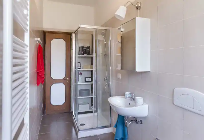 Bagno compatto e pulito con box doccia in vetro, lavabo a muro, pensile con specchio e piastrelle neutre—luminoso e ben curato.