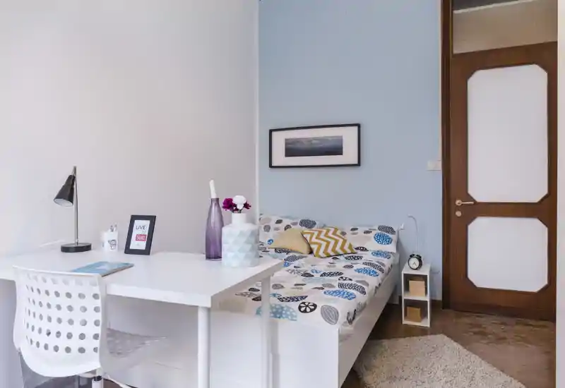 Bright, neatly staged bedroom with a patterned duvet, decorative pillows and a compact desk — ideal for a single occupant or student. The pale blue accent wall and coordinated accessories create a calm, modern atmosphere.
