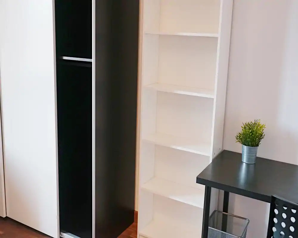 Rincón de dormitorio compacto con armario, estantería abierta y un pequeño escritorio con planta en maceta; estilo moderno, ordenado y buena luz natural.