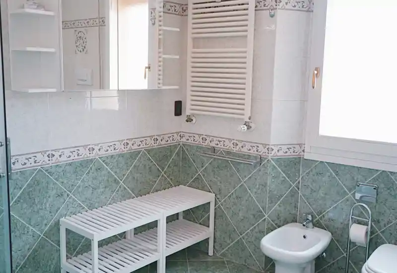 Bright, tiled bathroom with a bidet, towel radiator, and shelving. Natural light from a window keeps the room airy and clean.