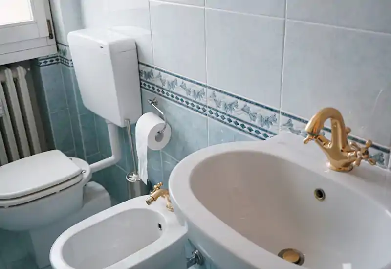 Bright, clean bathroom with white sanitary fixtures, a bidet, toilet and a sink with gold-toned taps; tiled walls with decorative border.