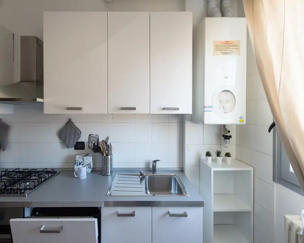 Cucina compatta e luminosa con mobili bianchi moderni, lavello in acciaio e piano cottura a gas; arredamento ordinato con piccole piante e utensili a vista.