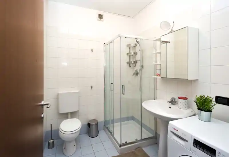 Clean, well-lit bathroom with a glass shower enclosure, sink with mirror cabinet, toilet and a washing machine — practical and functional layout.