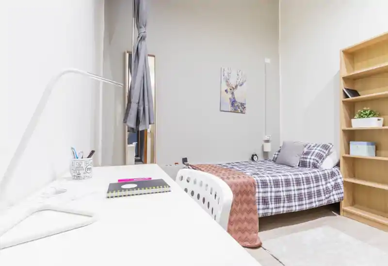 Camera singola luminosa con letto ordinato, scrivania e scaffalatura — ideale per uno studente o un viaggiatore solitario. Arredi bianchi, copriletto a quadri e spazio di archiviazione organizzato.