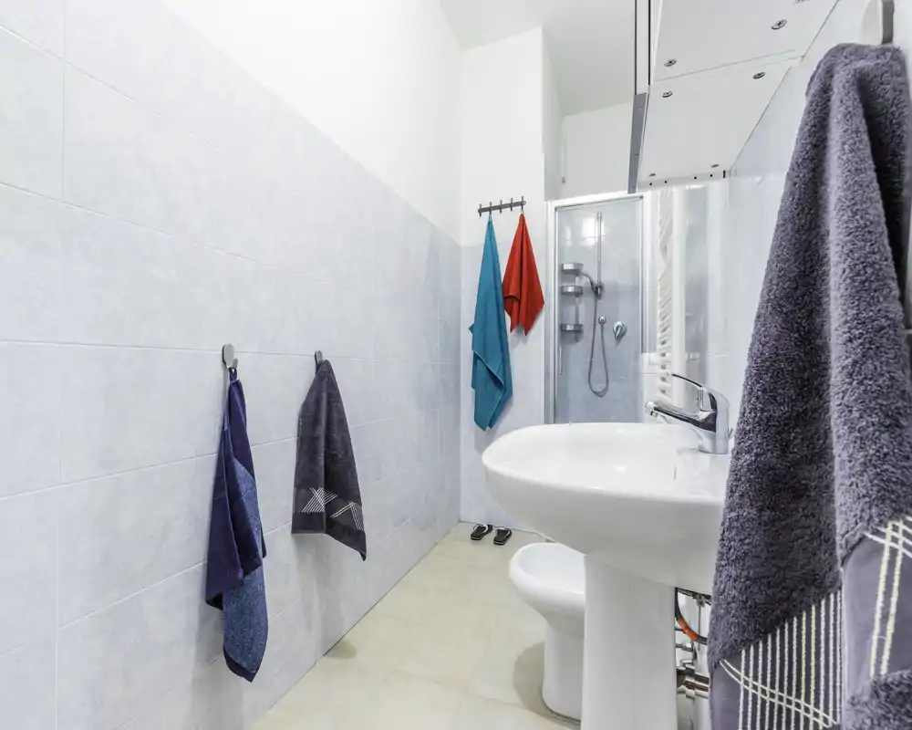 Bagno pulito e luminoso con lavabo a colonna, WC e doccia con box in vetro. Asciugamani colorati aggiungono comfort.