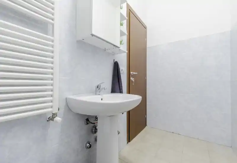 Clean, bright bathroom with a pedestal sink, wall-mounted towel radiator and a wooden door; minimalist light-blue tiled walls and neutral floor tiles.
