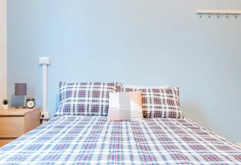 Dormitorio luminoso y bien decorado con cama doble completa con ropa de cama a cuadros, cojín decorativo y mesita con lámpara y despertador.