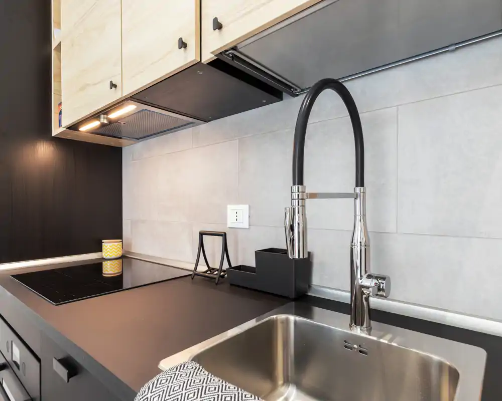 Modern compact kitchen with a stainless-steel sink, tall flexible faucet and induction hob; clean matte countertop and light wood cabinets create a sleek, functional space.