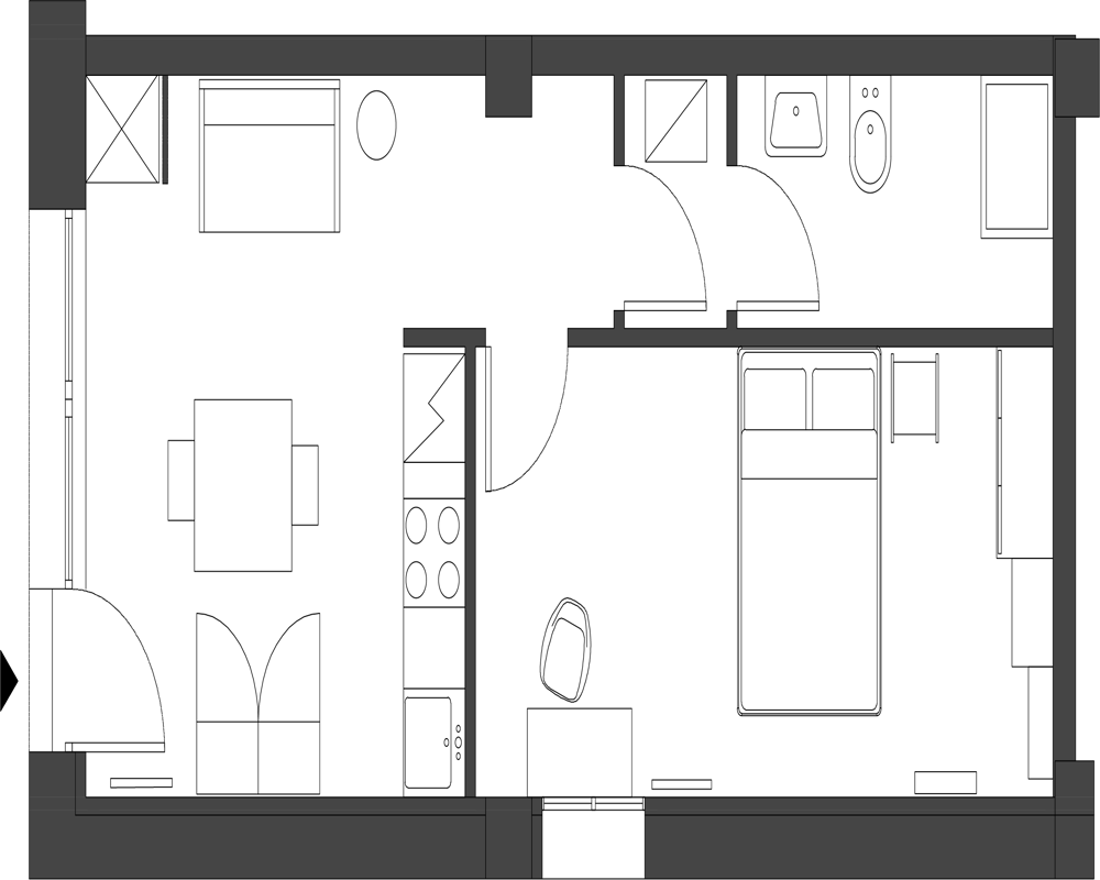 Plano en vista superior que muestra un estudio con cocina, zona de comedor, baño y dormitorio: una planimetría útil para describir la distribución del espacio en el anuncio.