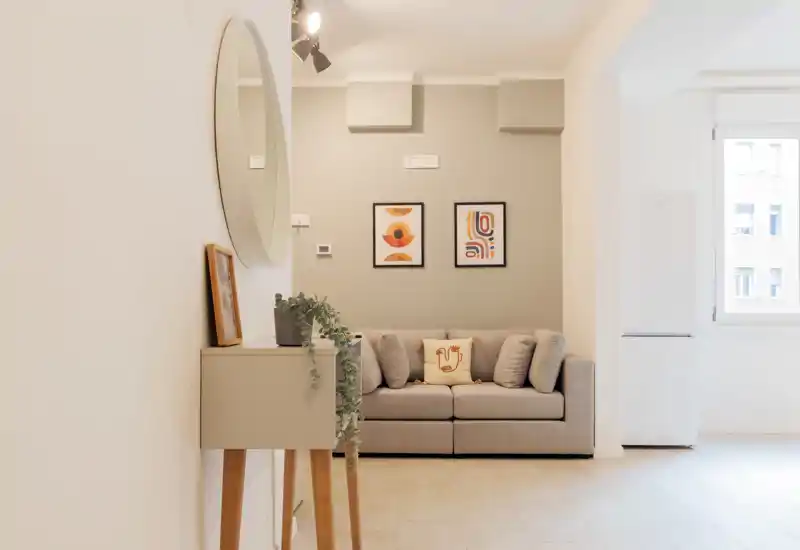Bright, modern living area with a compact gray sofa, decorative cushions and framed abstract art above. Minimal console table with a round mirror and plant adds style to the entrance space.