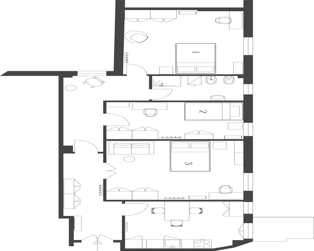 Pianta architettonica vista dall'alto che mostra più stanze (camere, bagno, cucina/soggiorno) con simboli d'arredo e contorni delle pareti.