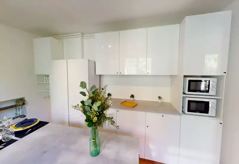 Cucina moderna e luminosa con ante bianche, elettrodomestici integrati e piano centrale decorato con un vaso di piante — un’area di lavoro pulita e ben illuminata.