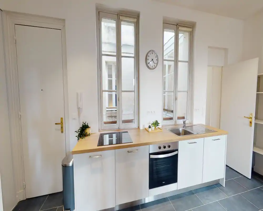 Kitchenette moderne et lumineuse avec plan de travail en bois, plaque à induction, four encastré et évier en inox sous de grandes fenêtres; compacte et soignée avec de petites plantes.