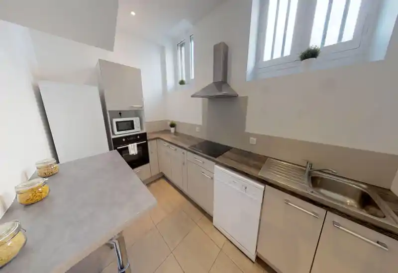 Cucina moderna e compatta con forno integrato, microonde, piano a induzione e lavastoviglie. Piani effetto legno, lavello in acciaio e piccole piante decorative creano uno spazio ordinato e funzionale per preparare i pasti.