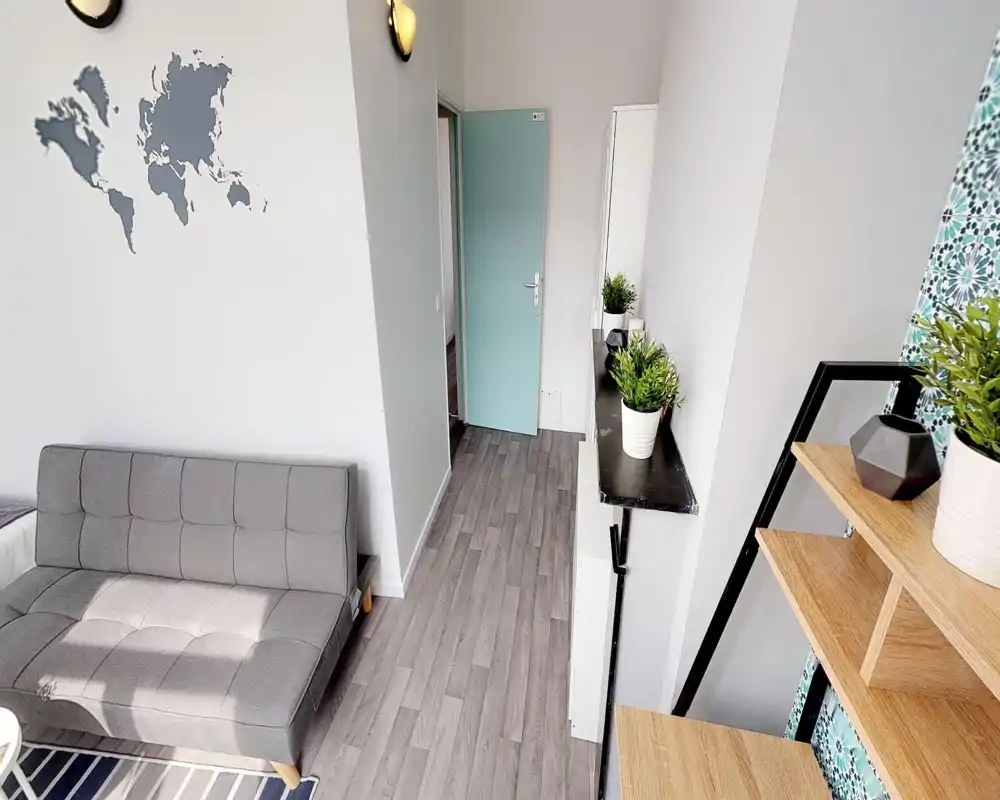 Espace de vie lumineux et moderne avec un canapé gris matelassé, une carte murale décorative et des plantes pour une atmosphère fraîche et accueillante.