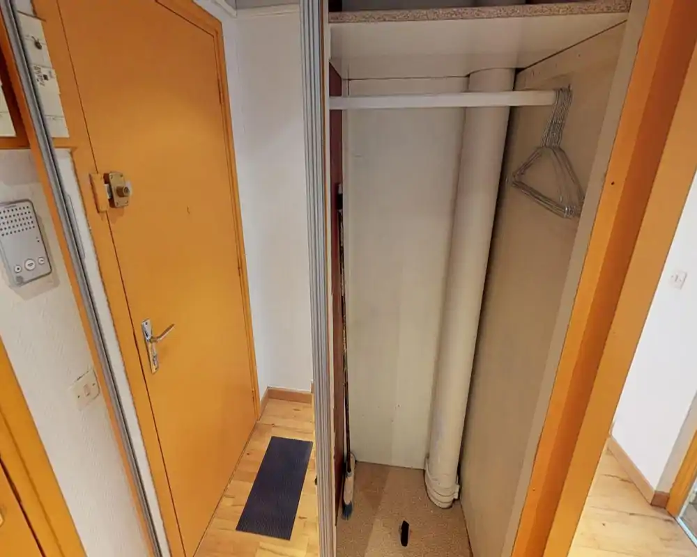 Petit hall d'entrée avec une porte jaune, un placard étroit contenant des cintres et des tuyaux apparents, et un paillasson sur un sol en bois.