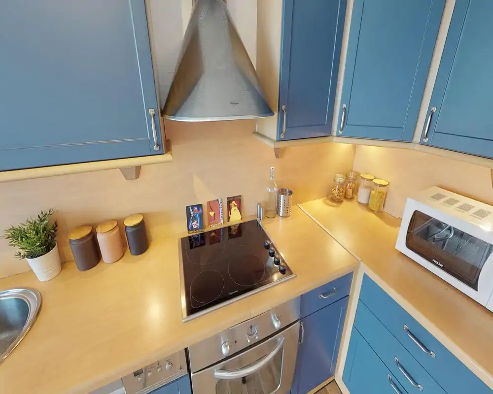 Cuisine moderne et lumineuse avec plaque vitrocéramique, four encastré, meubles bleus et plans de travail en bois chaleureux ; décorée de bocaux et d'une petite plante pour un espace fonctionnel et cosy.
