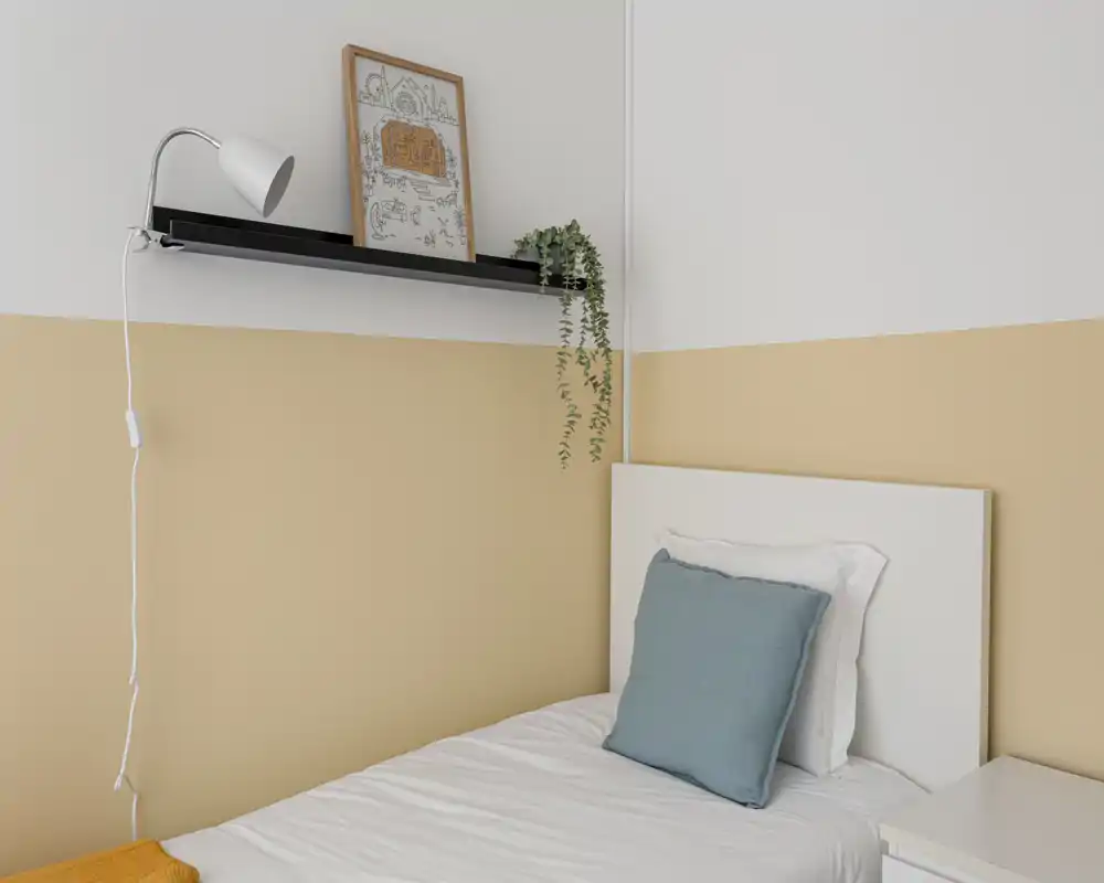 Small, tidy single bedroom with a white headboard, blue cushion and soft natural light; minimal decor includes a shelf with artwork and a hanging plant.