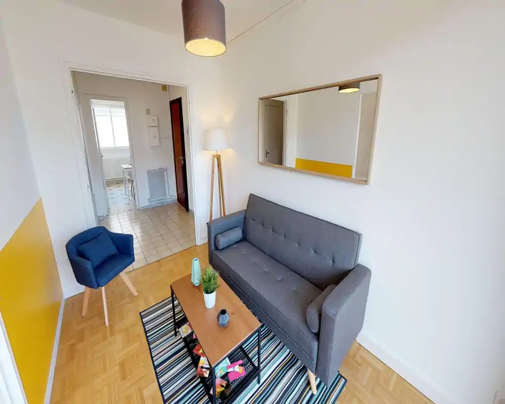 Salon lumineux et bien mis en scène avec un canapé gris, un fauteuil d'appoint, un tapis rayé et une table basse ; les murs neutres et un grand miroir agrandissent l'espace.