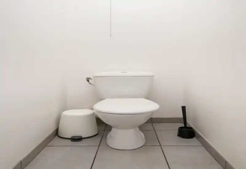 Small, minimal bathroom with a white toilet, toilet brush and small bin on tiled floor — clean and functional.