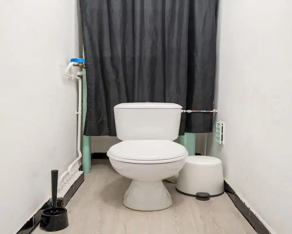Compact bathroom with a standard white toilet, black shower curtain behind, a small pedal bin and a toilet brush — clean and simply arranged.