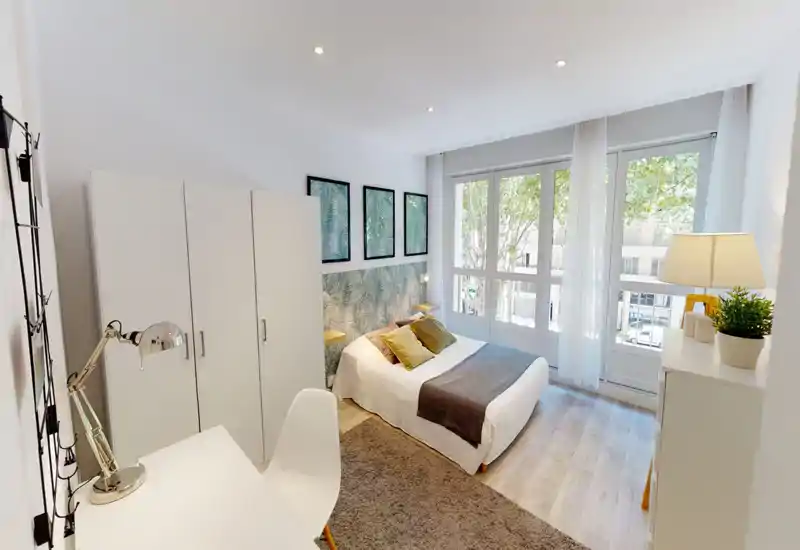 Bright, modern bedroom with a centrally placed double bed, decorative cushions, a soft rug and large windows that fill the room with natural light.