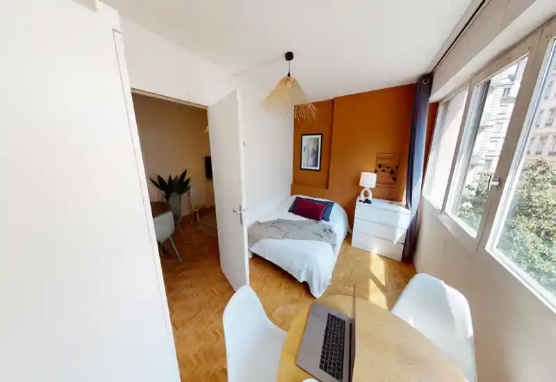 Bright, well-staged bedroom with a comfortable double bed against a warm accent wall, bedside dresser and large windows providing abundant natural light.