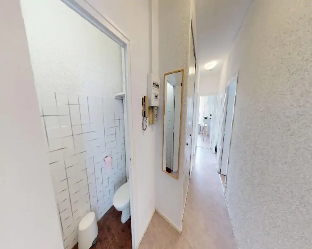 Long, narrow hallway with a small adjacent bathroom visible; light walls, wall-mounted mirror and entry intercom are shown, leading toward a bright living area.