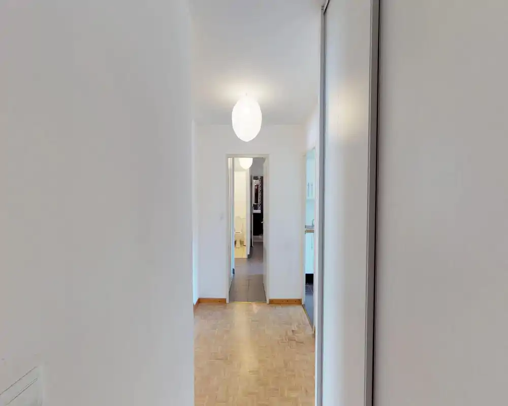 Bright, minimal entrance corridor with parquet flooring leading to adjacent rooms; simple pendant light and white walls create a clean, neutral first impression.