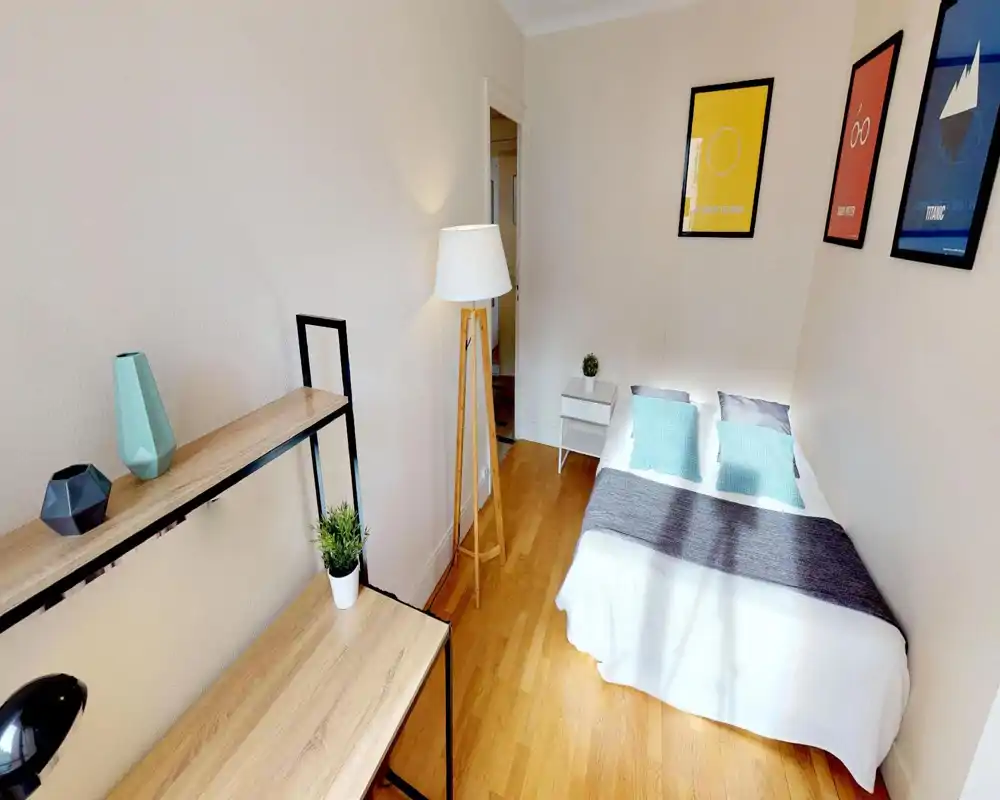Chambre lumineuse et bien organisée avec lit double, table de chevet et coussins décoratifs ; parquet et affiches encadrées offrent une ambiance moderne et chaleureuse.