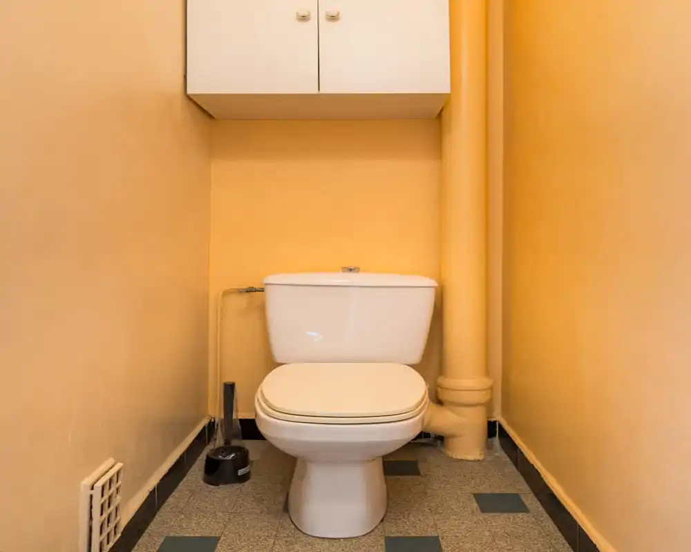 Compact single-toilet bathroom with a white toilet, wall-mounted storage cabinet and warm yellow walls; tidy and well lit.