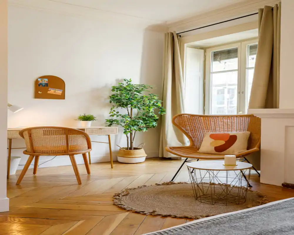 Bright, stylish living area with woven armchair, decorative cushion and a small side table; a desk and chair by the window create a cozy multifunctional corner with plants and natural light.