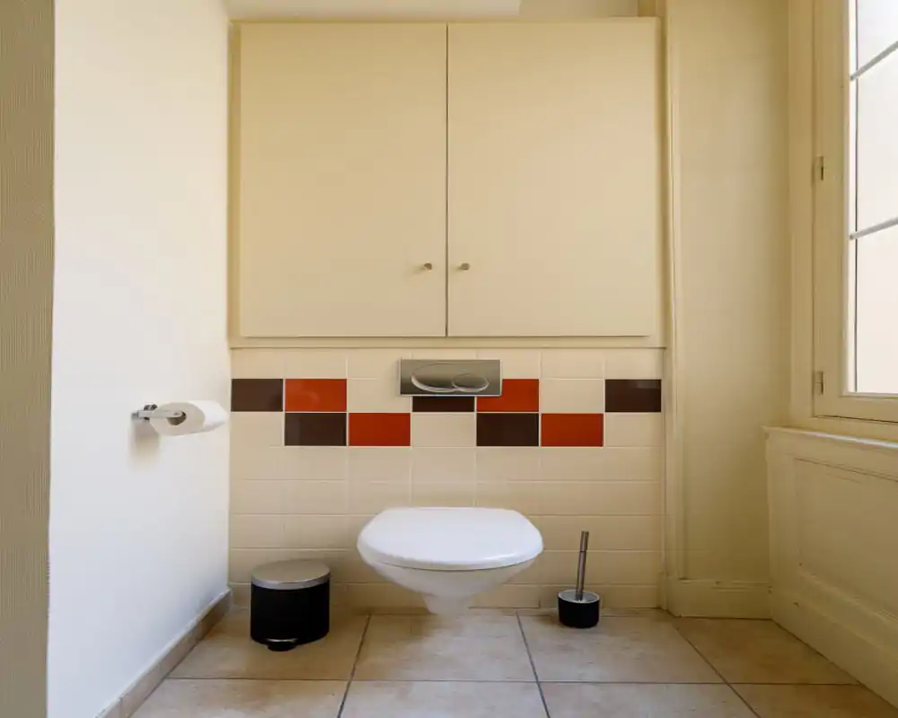 Bright, compact bathroom with a wall-mounted toilet, tiled half-wall with red and brown accent tiles, small waste bin and toilet brush; natural light from a nearby window.