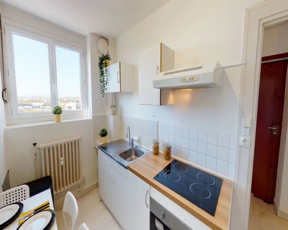 Cuisine compacte et lumineuse avec plan de travail en bois, plaque à induction, évier et rangements. Grande fenêtre apportant la lumière naturelle et vue sur la ville; de petites plantes ajoutent une touche chaleureuse.