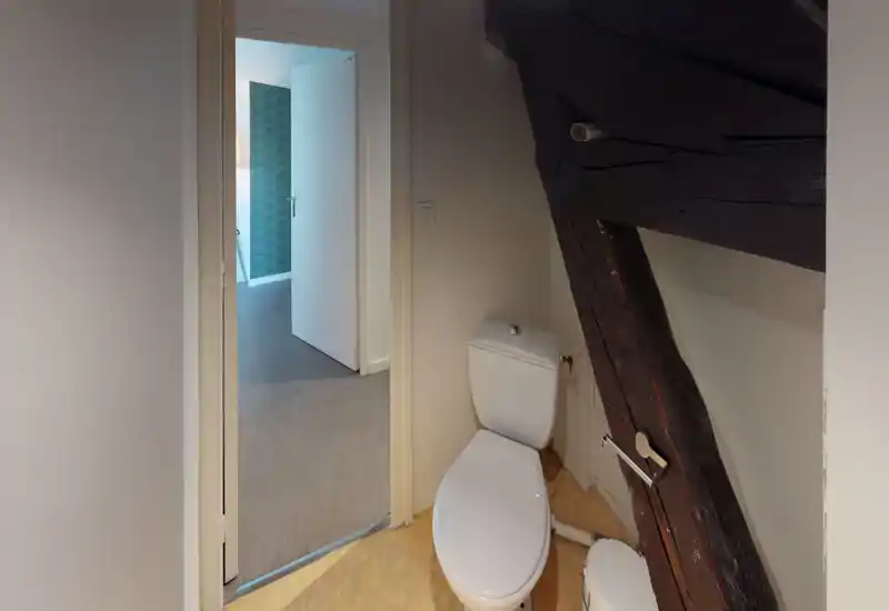 Small bathroom with a toilet positioned under a sloped wooden beam; neutral walls and vinyl floor visible, with the door open to an adjacent room.